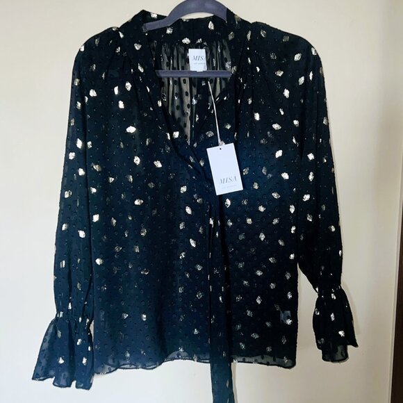 MISA Los Angeles “Gracie” Black Sheer Metallic Diamond Clip Dot Top – NWT Size X - Picture 6 of 14